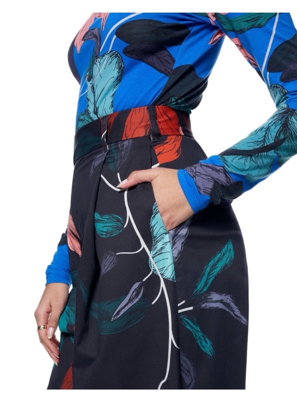 The Kit | Wide-Leg Floral Print Pants in Black with Coral & Teal Blooms - Picture 5 of 11
